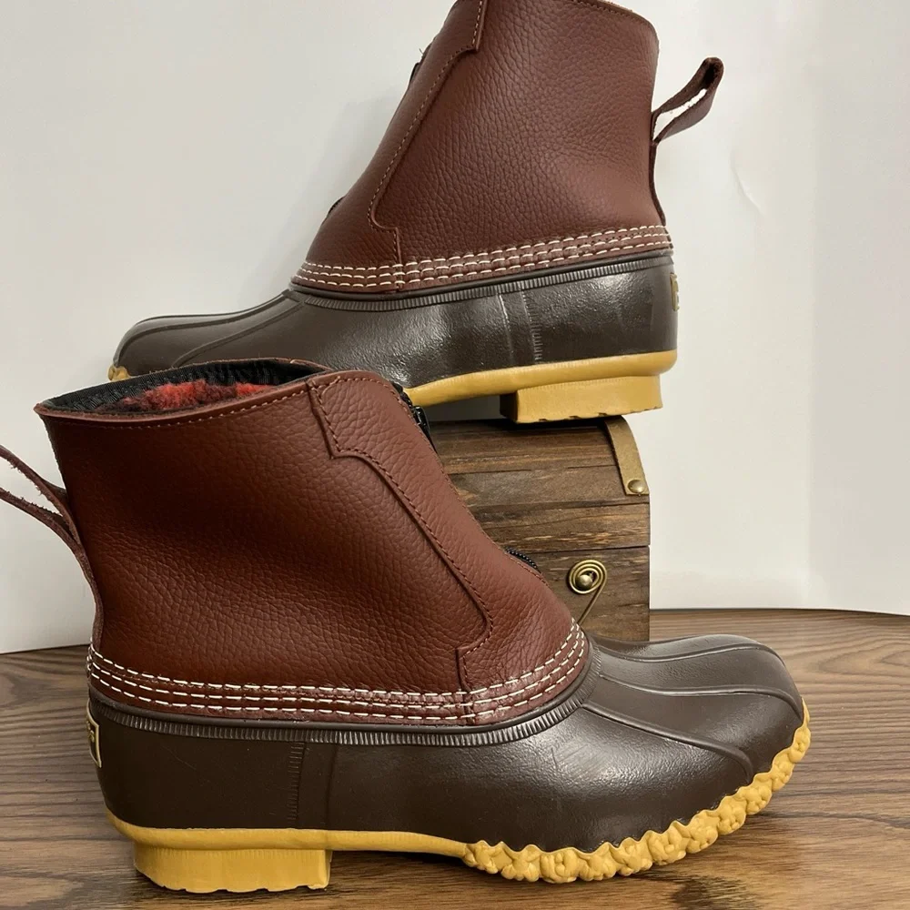 LL Bean Brown Leather 7" Front Zip Fleece Lined Insulated Duck Boots Women sz 9 - Picture 1 of 12